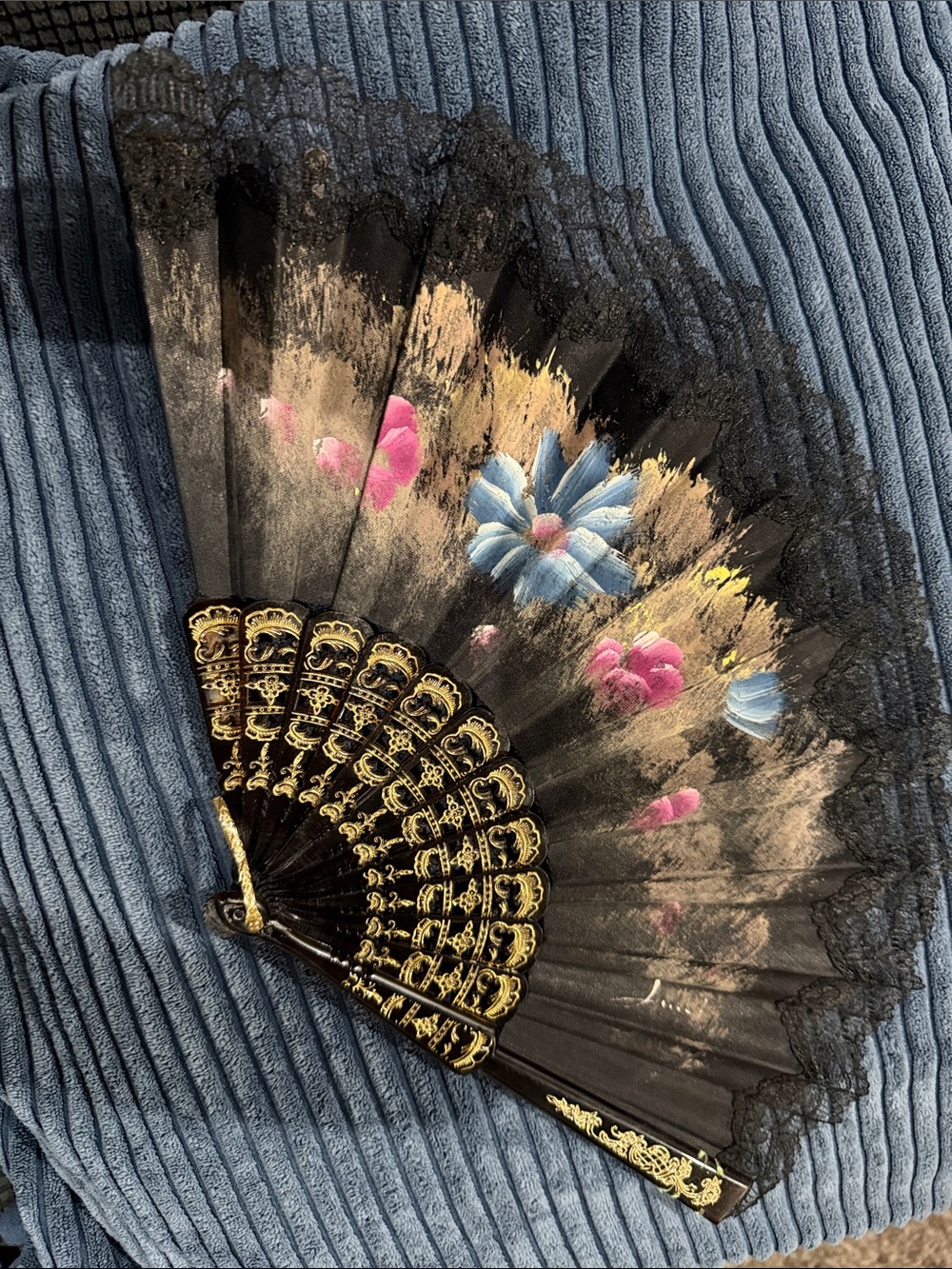 Hand Painted Lace Folding Fan — Black with Blue & Pink Floral